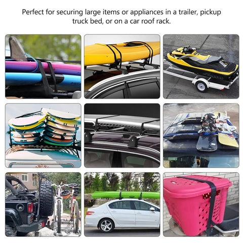Vehicles and trailers loaded with items secured by One Meter Motorcycle Luggage Strap Bungee Cord With Carabiner Hooks Built Tough