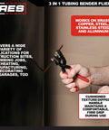 Person holding Heavy Duty 180 Degree Tubing Bender For HVAC Plumbing And Auto Projects fits 1/4, 5/16, and 3/8 inch tubing