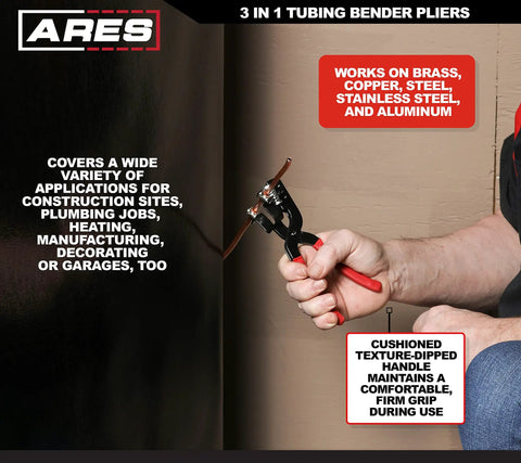 Person holding Heavy Duty 180 Degree Tubing Bender For HVAC Plumbing And Auto Projects fits 1/4, 5/16, and 3/8 inch tubing