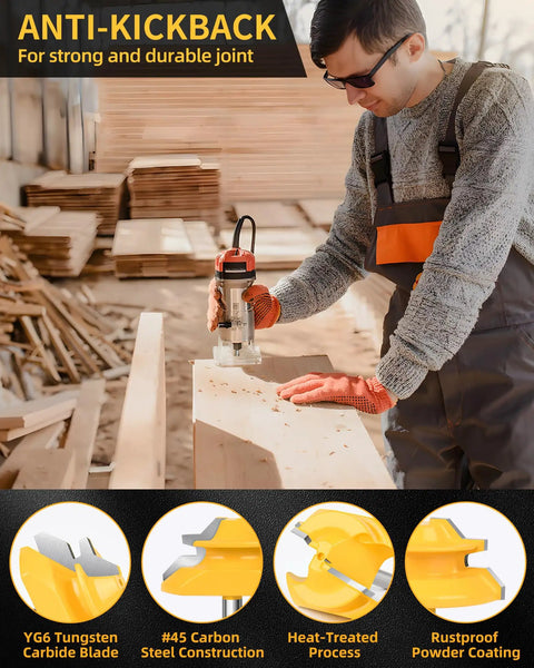 Pro Level 3 Piece 45 Degree Lock Miter Router Bit Set With Quarter Inch Shank And Heavy Duty Tungsten Carbide Cutters For Cabinets And DrawersRuns Like A Champ And Delivers Dead Straight Joints Every Time being used to create precise wood joints.