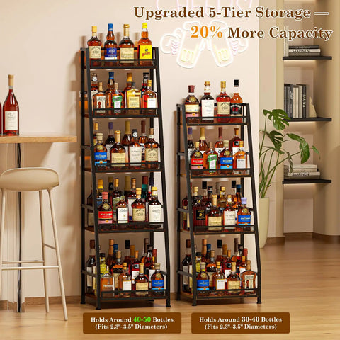 Roomy 5 Tier Trapezoid Liquor Cabinet For Home Bar Space beefy freestanding wine rack with numerous bottles on display.
