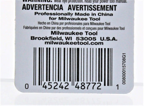 Barcode label with product details for Milwaukee Tool, includes warnings and manufacturing information.