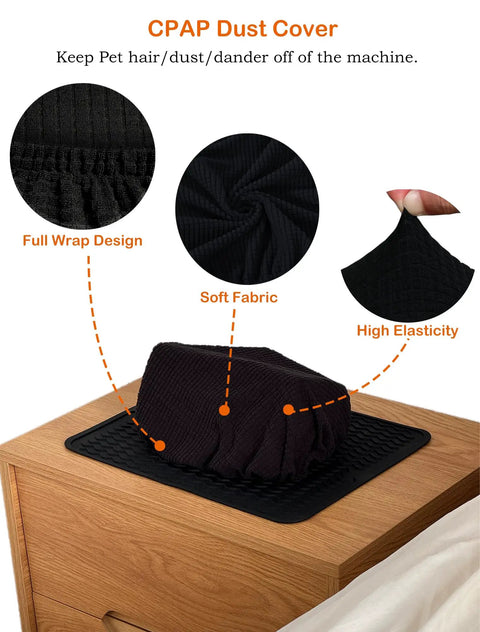 CPAP Protector Mat And Dust Cover Set With 2 Hose Plugs Waterproof Nightstand Pad on wooden table showcasing design and fabric details