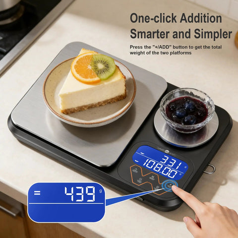 Dual Platform Kitchen Scale With 0.01g Precision And 5Kg Capacity Rechargeable Digital Scale For Grams And Ounces Three Tare Units And Accumulation Function Great For Sourdough Baking And Cooking, displaying weight and food items on counters.