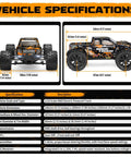 Vehicle specifications for One Eighteen Scale RC Monster Truck 18859 shown with dimensions and features