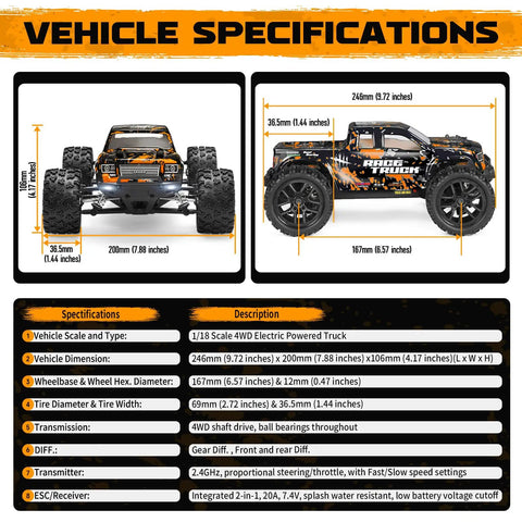 Vehicle specifications for One Eighteen Scale RC Monster Truck 18859 shown with dimensions and features