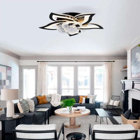 5 Pc Ceiling Fan with Lights Remote Control 24 inch Black 6 Speeds 3 Light modern design in stylish living room interior.