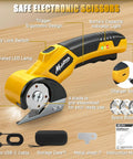 Mulctun Cordless Electric Box Cutter With 4 Tungsten Steel Blades, Led Light And Safety Lock For Cutting Cardboard, Carpet, Fabric, And Leather. Heavy Duty Portable Design With Storage Bag. Yellow Finish. Close-up of ergonomic trigger and blade with integrated LED lamp.