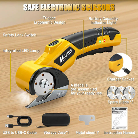 Mulctun Cordless Electric Box Cutter With 4 Tungsten Steel Blades, Led Light And Safety Lock For Cutting Cardboard, Carpet, Fabric, And Leather. Heavy Duty Portable Design With Storage Bag. Yellow Finish. Close-up of ergonomic trigger and blade with integrated LED lamp.