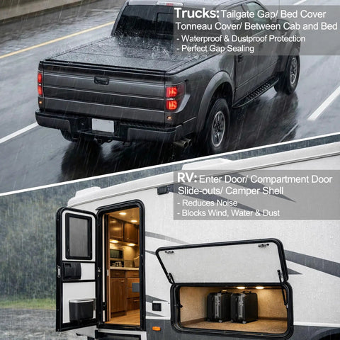 Rainy scene with truck bed cover and RV door showing use of 26 Ft EPDM Rubber Weather Stripping Foam Self Adhering RV Door Seal.