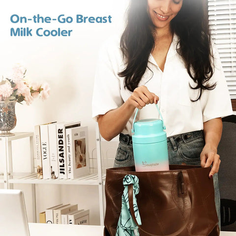 Woman placing 22oz Portable Breast Milk Cooler Bottle with Two BPA-Free Bottles into a stylish brown bag.