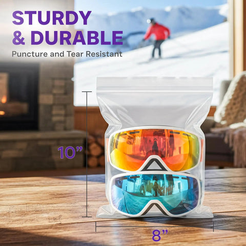 Heavy Duty Zip Seal Storage Bags 8x10 Inches 8 Mil Thick Tear Resistant Airtight Reusable 25 Pack Built For Home Kitchen Office And Travel Organization Tough As Nails clear bag with goggles