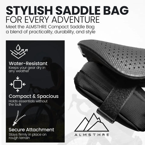Compact Under Seat Bike Saddle Bag 0.3L Small Midnight Black Water Resistant Ripstop With Waterproof Zipper displayed with features
