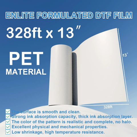 DTF Transfer Roll Film 13 X 328 Ft A3 Plus Double Sided Matte PET Heat Transfer Film illustration with specifications