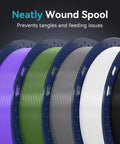 Five neatly wound 1.75mm PLA+ filament spools in assorted colors for 3D printing