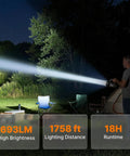 Person using Rechargeable All In One Camping Lantern And Flashlight With Built In Multi Tool Kit in outdoor setting, showing strong beam.