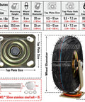 Built Tough Heavy Duty Pneumatic Casters 250 Millimeter Rubber Wheels 4 Pack detailed size specifications and measurements.