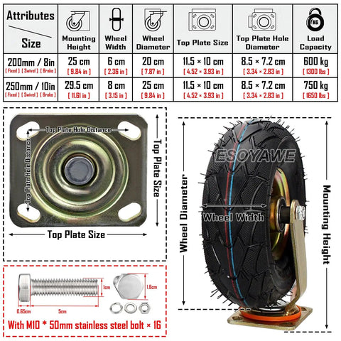 Built Tough Heavy Duty Pneumatic Casters 250 Millimeter Rubber Wheels 4 Pack detailed size specifications and measurements.