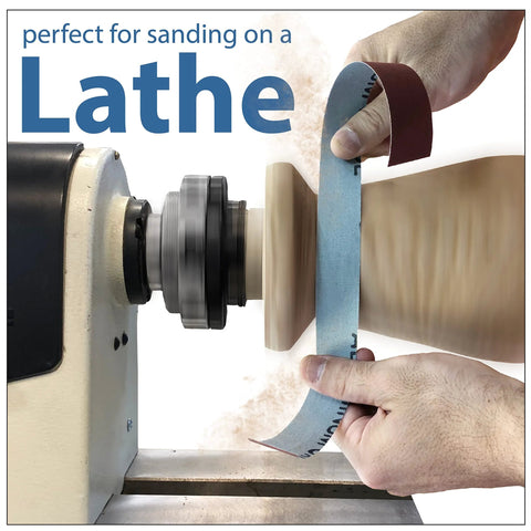 Emery cloth roll sandpaper on a woodturning lathe; blue abrasive belt wrapping a wooden piece (front view)