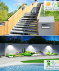 Solar Powered Outdoor Lights With 100 LEDs And 2000 Lumens installed on stairs and garden wall, showcasing waterproof motion sensors.
