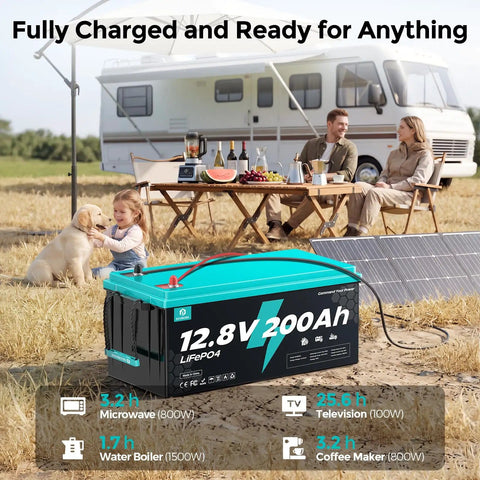 Beefy 12V 200Ah LiFePO4 Deep Cycle Battery powering RV setup outdoors with solar panels and family camping.