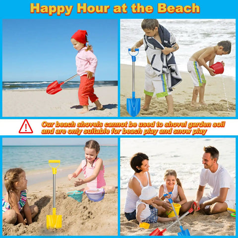 Children using Heavy Duty Beach Shovel Three Piece Set With Thickened Metal Blade 29 Inch Portable Sand Shovel for beach play.