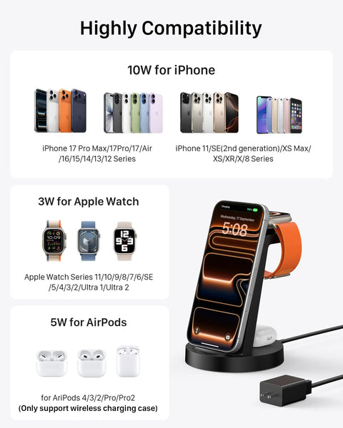 3 In 1 Wireless Charging Station For iPhone Apple Watch And AirPods No Fuss All In One USB-C Dock with devices shown