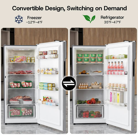 No Brainer 14 Cu Ft Upright Freezer Convertible Fridge With Smart Digital Controls showing freezer and fridge layouts side by side.