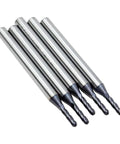 Beefy 4 Flute Carbide Ball Nose End Mill Set for Metalworking, 1/16 Inch Cutting Diameter, 1/8 Inch Shank, front view of 5-piece set