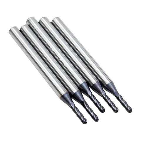 Beefy 4 Flute Carbide Ball Nose End Mill Set for Metalworking, 1/16 Inch Cutting Diameter, 1/8 Inch Shank, front view of 5-piece set