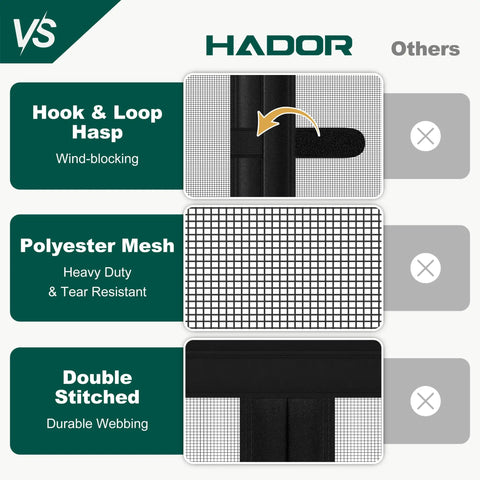 Comparison features of adjustable magnetic screen door with heavy duty mesh and ultra-strong magnets, black, for wide openings.