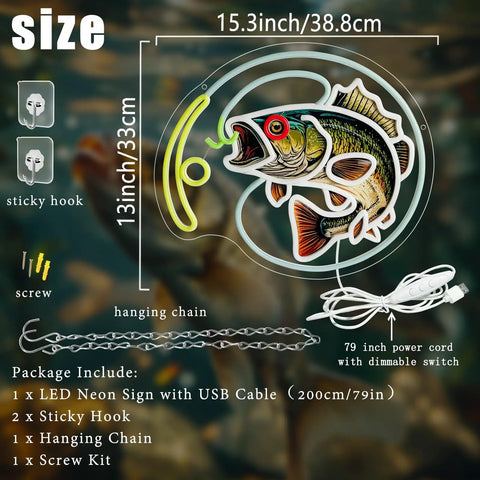 Dimmable Fishing Neon Sign LED Hook Lights For Wall Decor And Man Cave Vibe Fishing Themed Neon Light For Fishing Lovers Gear Store Coastal Kitchen Bedroom Yacht Party Decor, showing detailed components and dimensions