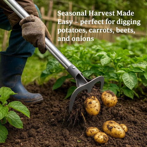 Long-Handle 62-Inch Cultivator Hand Rake with 3-Tine Heavy-Duty Carbon Steel D Grip digging potatoes in a garden