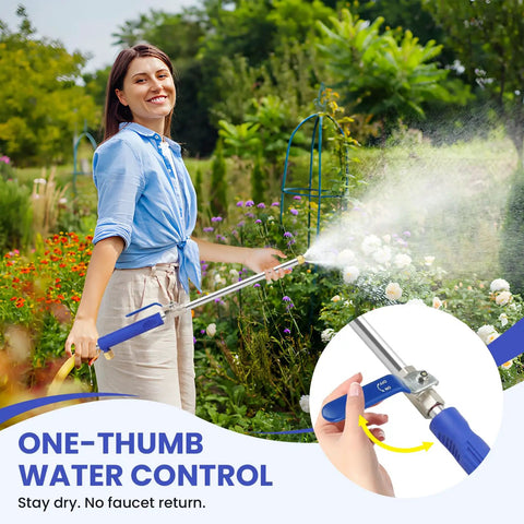 Person using Beefy Jet Nozzle For Garden Hose With High Pressure Power Washer Wand And Two Adjustable Nozzles Copper Connectors Rugged Metal Sprayer for plant watering.