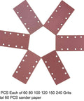Hook And Loop Sandpaper Sheets For 1/3 Sheet Sander Pack With 60 80 100 120 150 And 240 Grit Aluminum Oxide displayed in star pattern