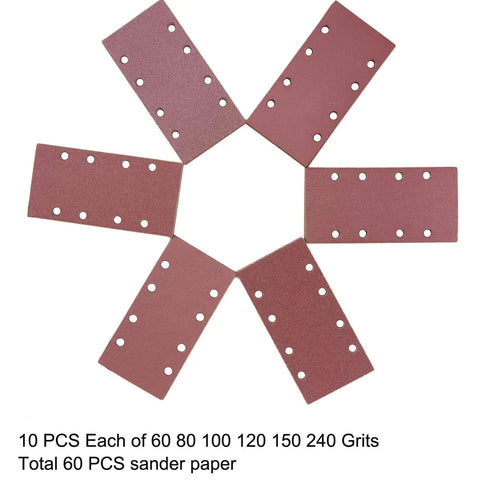 Hook And Loop Sandpaper Sheets For 1/3 Sheet Sander Pack With 60 80 100 120 150 And 240 Grit Aluminum Oxide displayed in star pattern