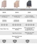 Comparison chart of Modern Leisure stackable chair covers in beige and gray showing materials, weather resistance, UV protection, and warranty.
