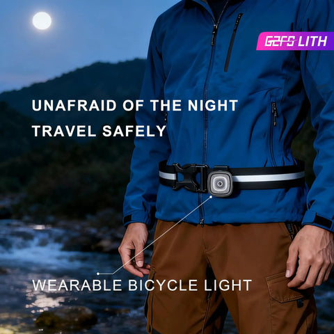 Front And Rear Bike Lights Set With Type C Rechargeable Headlight And Taillight worn on belt, night scene.