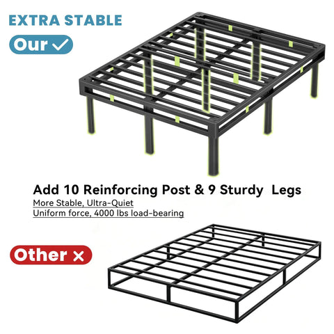 King Size Box Spring And All In One Mattress Foundation 18 Inch Steel Frame heavy duty metal bed with 9 thick legs for support.