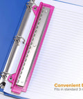 3 Hole Punch For Ring Binders With Integrated Ruler And Five Sheet Capacity Compact Travel Friendly Design in pink installed in binder