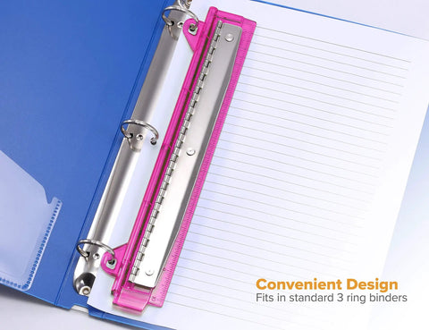 3 Hole Punch For Ring Binders With Integrated Ruler And Five Sheet Capacity Compact Travel Friendly Design in pink installed in binder