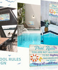 Pool Rules Sign For Outdoor Decor And Backyard Chill Vibes Durable Metal Wall Art 12 By 8 Inches With Four Pre Drilled Holes For Easy Hanging Perfect For Poolside Bar Beach Home And Deck displayed by poolside and bar areas