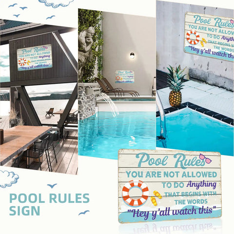 Pool Rules Sign For Outdoor Decor And Backyard Chill Vibes Durable Metal Wall Art 12 By 8 Inches With Four Pre Drilled Holes For Easy Hanging Perfect For Poolside Bar Beach Home And Deck displayed by poolside and bar areas