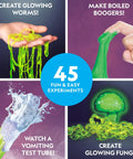 Collage of experiments from Gross Science Kit With 45 Experiments For Kids 8 12 Dissect A Brain Make Slime Glowing Worms Test Tube Vomit Creepy STEM Projects Fun Birthday Gift For Curious Boys And Girls.