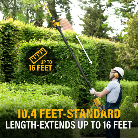 Man using Beast Cordless 18 Inch 20V Pole Hedge Trimmer With 16 Foot Reach And Extension Pole, Multi Angle Swivel Head For Easy Shrubs Pruning in garden