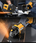 Cordless 4-1/2 Inch Brushless Angle Grinder in use, cutting metal and pipe, sparks flying, showcases tool handle and disc, 9500 RPM