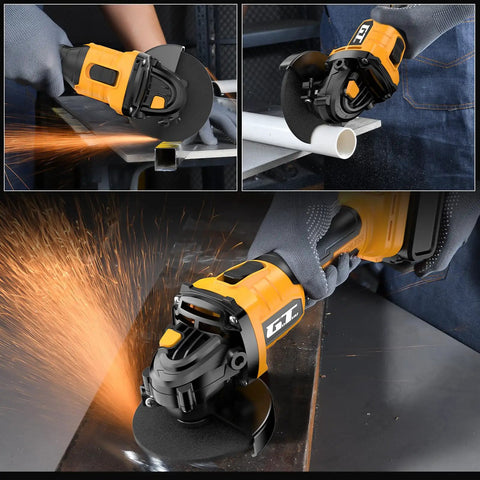 Cordless 4-1/2 Inch Brushless Angle Grinder in use, cutting metal and pipe, sparks flying, showcases tool handle and disc, 9500 RPM