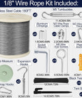 One Eighth Inch Wire Rope Kit 180 Ft Stainless Steel Aircraft Cable With M5 Turnbuckles And Eye Screws, 7x7 Strand Vinyl Coated
