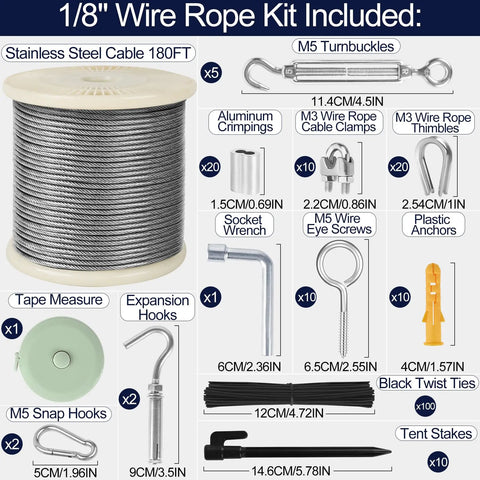 One Eighth Inch Wire Rope Kit 180 Ft Stainless Steel Aircraft Cable With M5 Turnbuckles And Eye Screws, 7x7 Strand Vinyl Coated