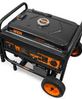 Heavy Duty 4750 Watt Portable Generator With Electric Start And Wheel Kit Built Tough For Campouts And Backyard Emergencies, top view